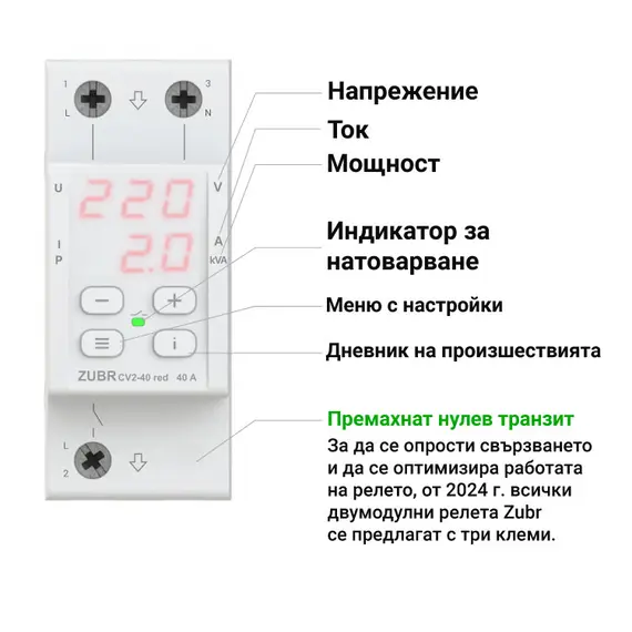 ZUBR CV2-50 RED РЕЛЕ ЗА СЛЕДЕНЕ, КОНТРОЛ И ЗА ЗАЩИТА ОТ НАПРЕЖЕНИЕ С ТЕРМОЗАЩИТА